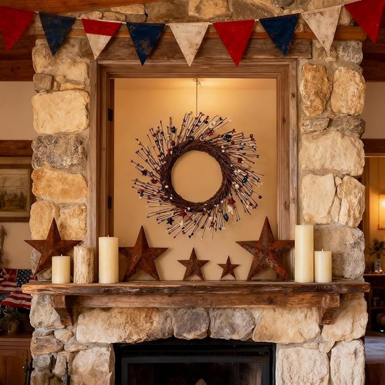 16 Inch 4th of July Patriotic Wreath, Red White Blue Stars & Sprouts Front Door Wreath for Independence Day, Memorial Day, Veterans Day, Flag Day & Summer Decorations